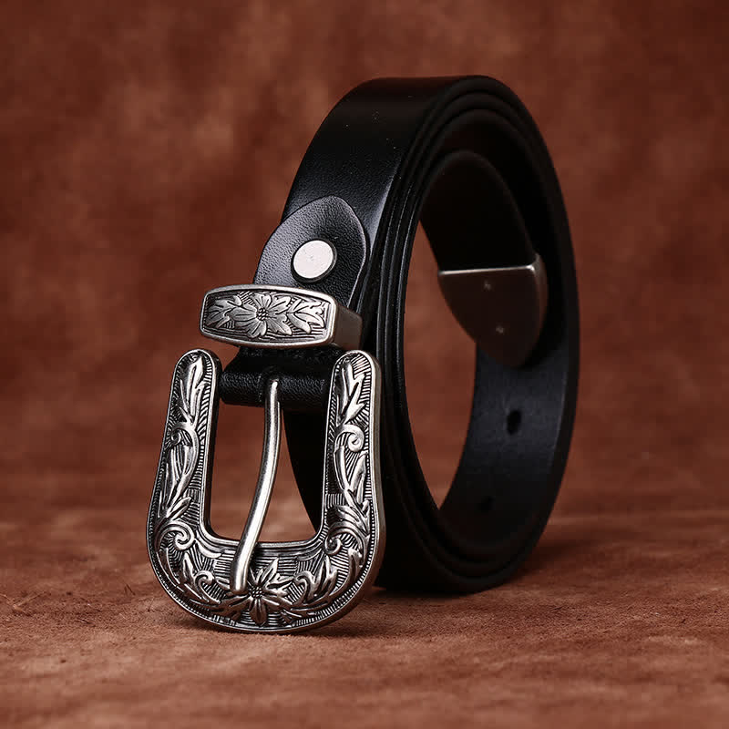 Cinturón de cuero estrecho estilo occidental con hebilla tallada retro