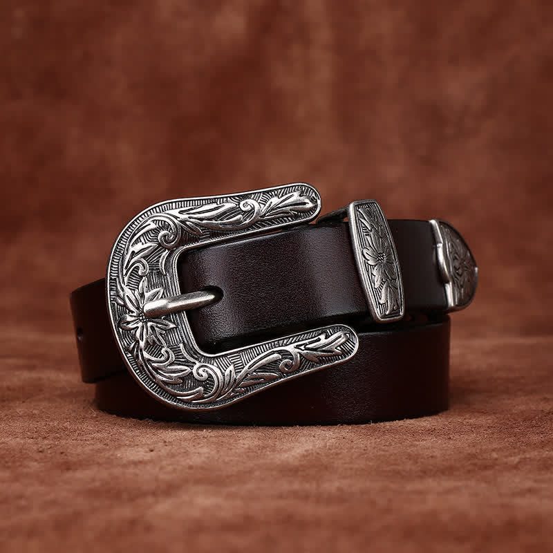 Cinturón de cuero estrecho estilo occidental con hebilla tallada retro