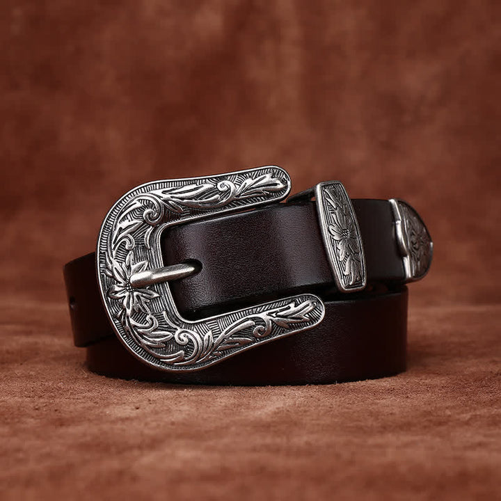 Cinturón de cuero estrecho estilo occidental con hebilla tallada retro