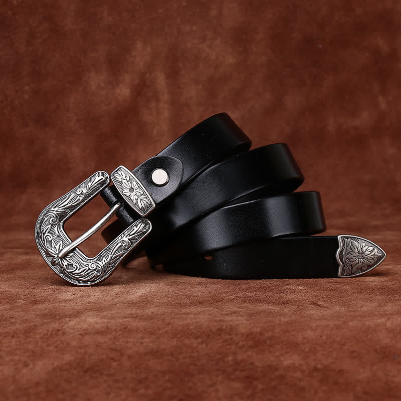 Cinturón de cuero estrecho estilo occidental con hebilla tallada retro