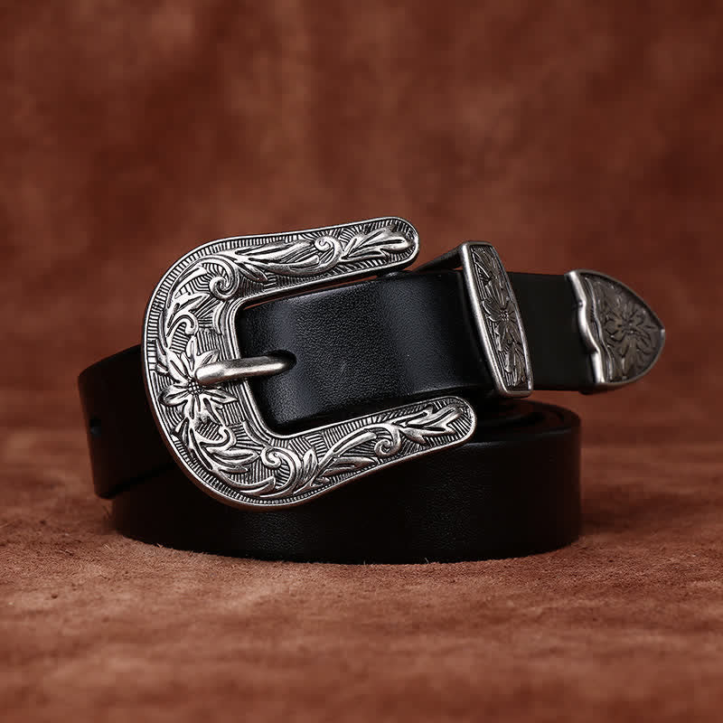 Cinturón de cuero estrecho estilo occidental con hebilla tallada retro