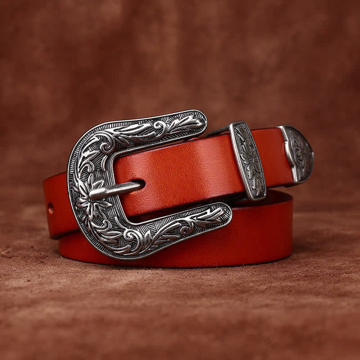 Cinturón de cuero estrecho estilo occidental con hebilla tallada retro