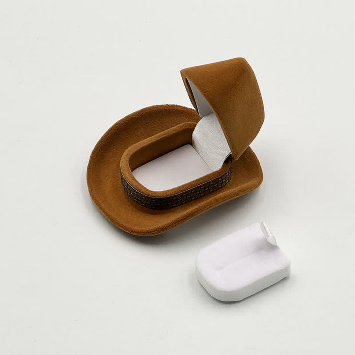 Caja de terciopelo para anillos con forma de sombrero de vaquero occidental