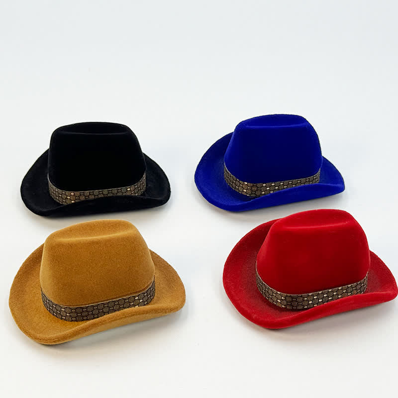 Caja de terciopelo para anillos con forma de sombrero de vaquero occidental