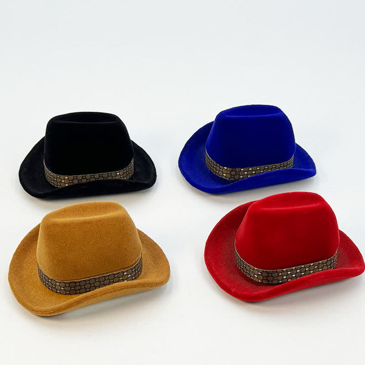Caja de terciopelo para anillos con forma de sombrero de vaquero occidental