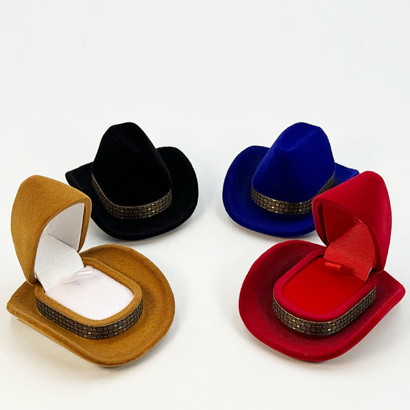 Caja de terciopelo para anillos con forma de sombrero de vaquero occidental