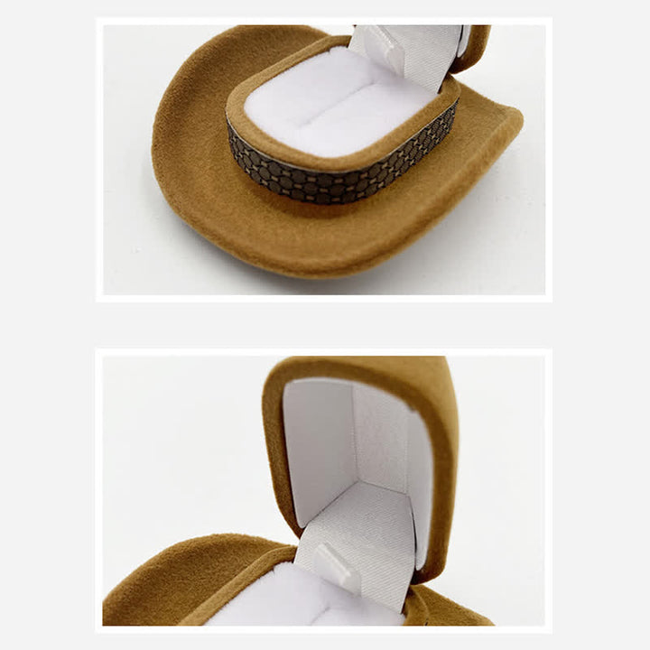 Caja de terciopelo para anillos con forma de sombrero de vaquero occidental