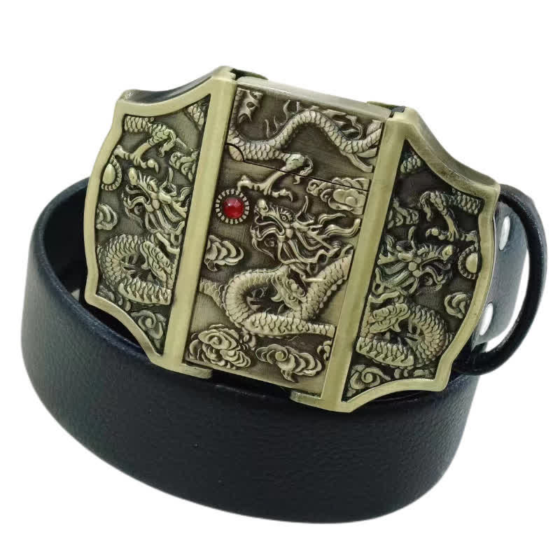 Cinturón de cuero con relieve de triple dragón para hombre con encendedor oculto