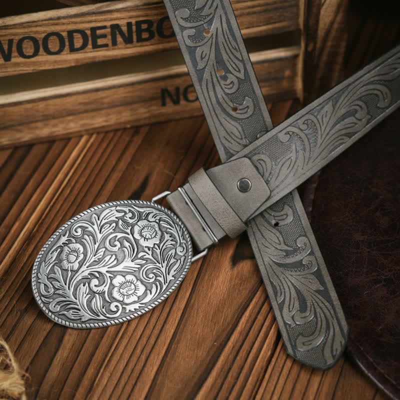 Cinturón de cuero estilo vaquero con hebilla de flor tallada estilo occidental