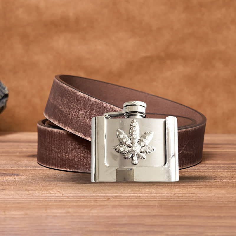 Cinturón de cuero con diamantes de imitación y hoja de arce de 2 oz para hombre, con frasco oculto, hecho a mano