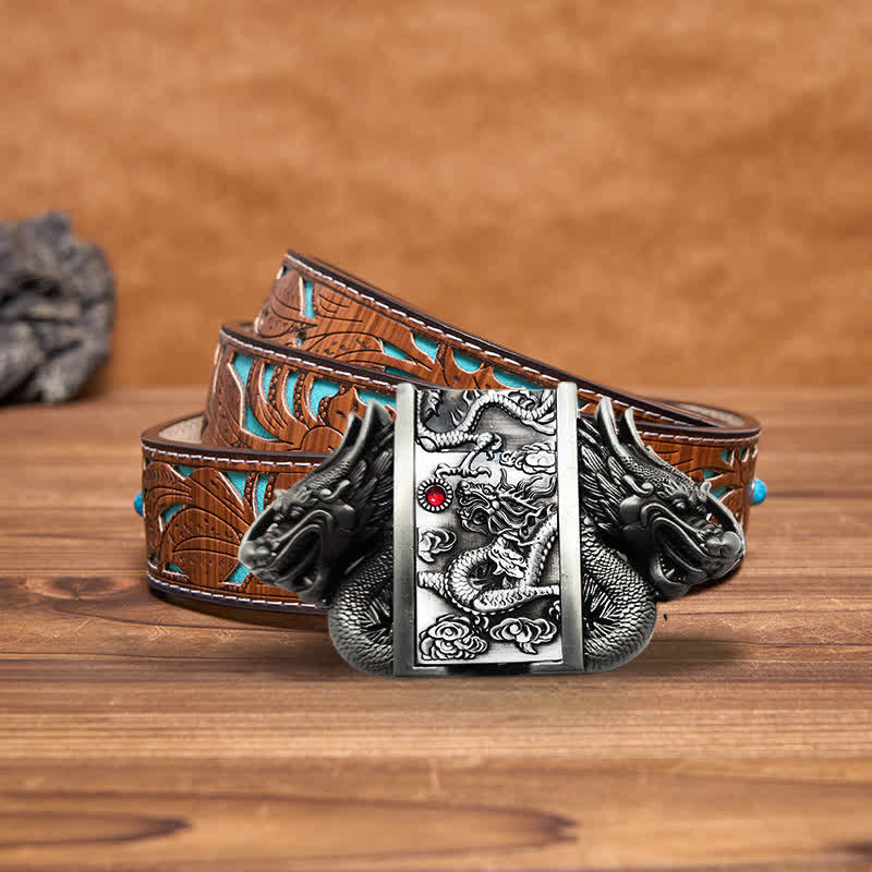 Cinturón de cuero con doble dragón plateado antiguo para hombre, con encendedor oculto, hecho a mano
