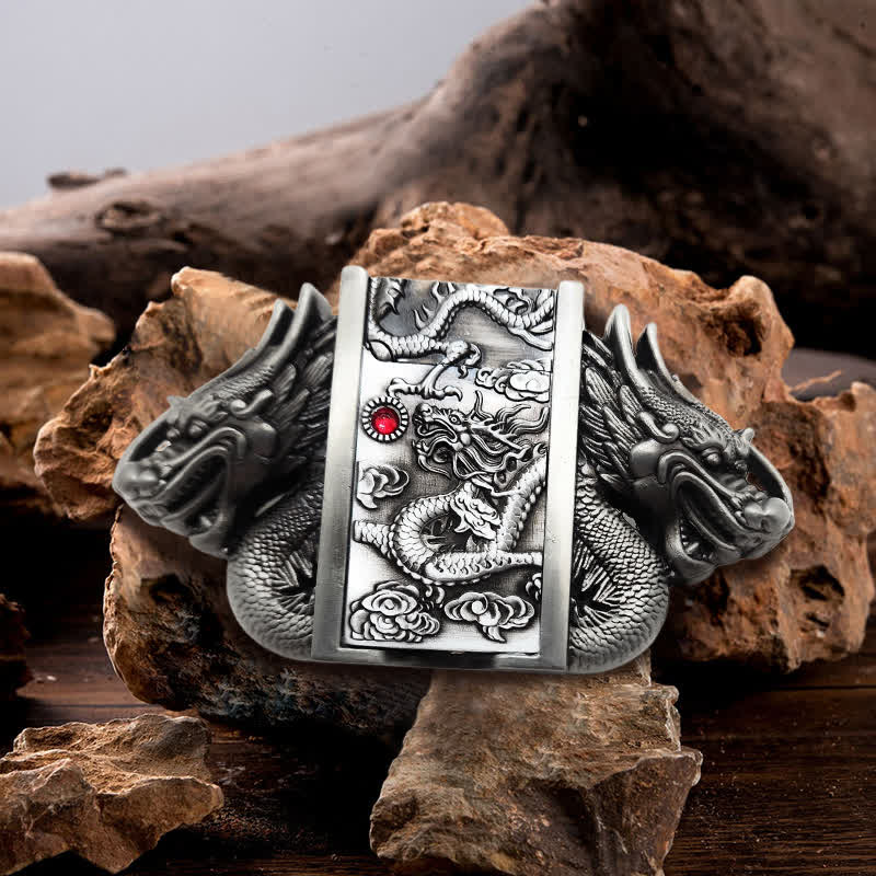Cinturón de cuero con doble dragón plateado antiguo para hombre, con encendedor oculto, hecho a mano