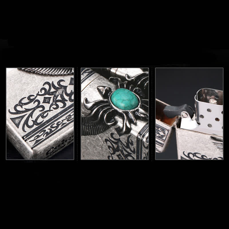 Encendedor de queroseno recargable con incrustaciones de turquesa y alas de águila