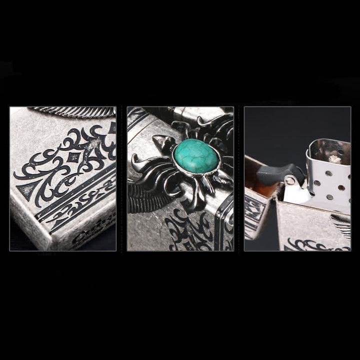 Encendedor de queroseno recargable con incrustaciones de turquesa y alas de águila