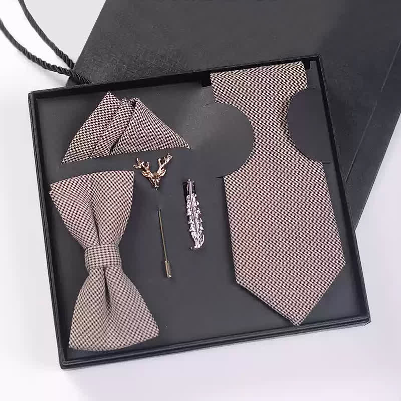 Caja de regalo con 5 pajaritas negras y marrones con diseño de pata de gallo para hombre