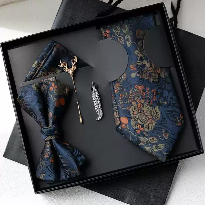 Caja de regalo con 5 pajaritas de flores de verano para hombre en azul marino y naranja