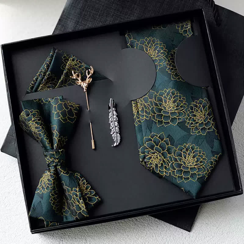 Caja de regalo con 5 pajaritas con diseño floral de margaritas de color verde oscuro para hombre