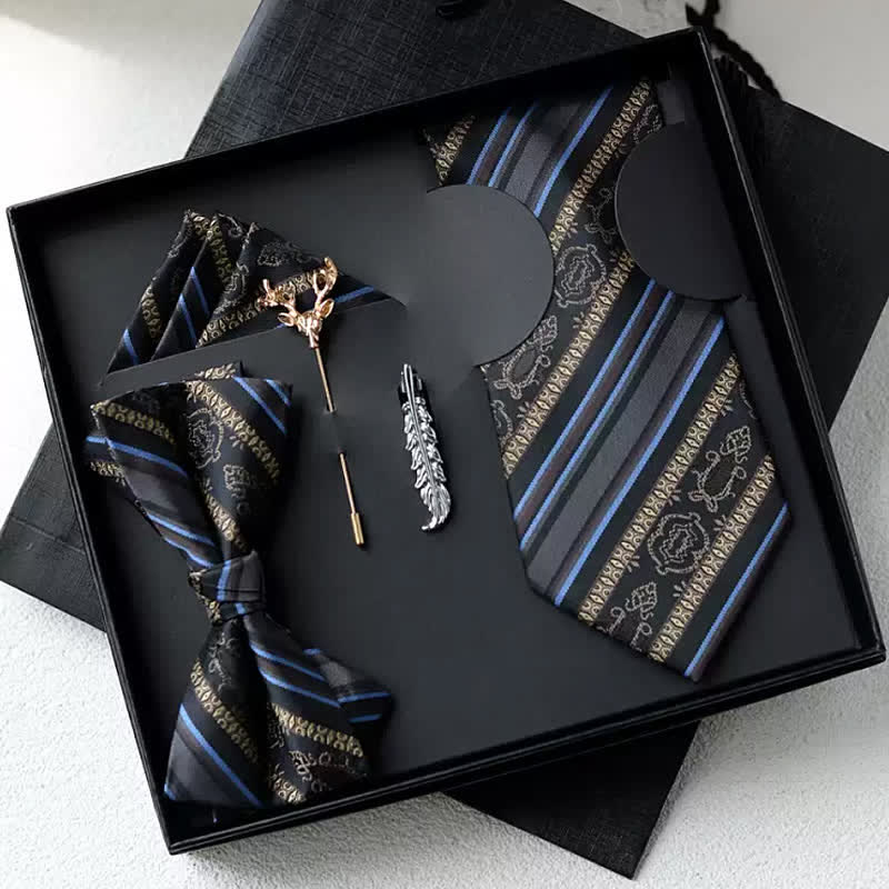 Caja de regalo con 5 pajaritas retro de rayas azules y café para hombre