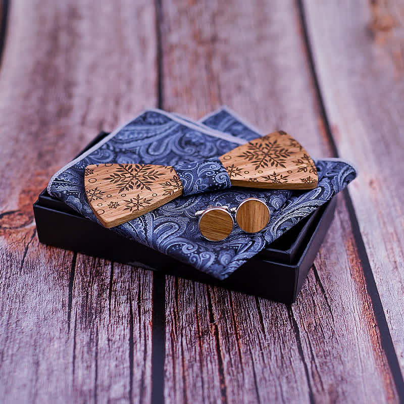 Juego de 3 pajaritas de madera con estampado de copos de nieve de invierno para hombre