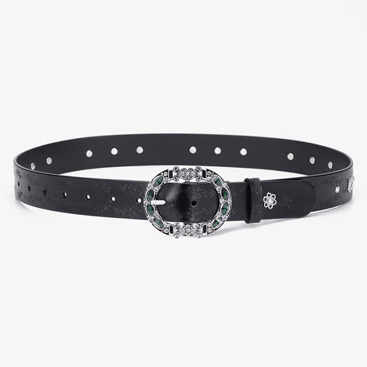 Cinturón de piel con diamantes de imitación en color blanco y verde oscuro con diseño floral para mujer