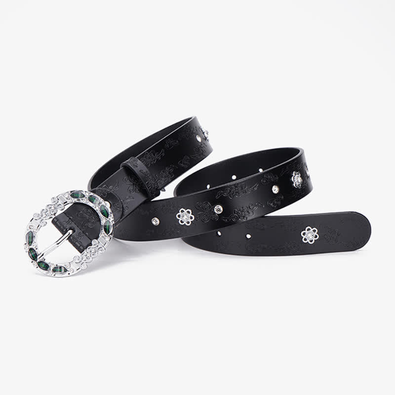 Cinturón de piel con diamantes de imitación en color blanco y verde oscuro con diseño floral para mujer