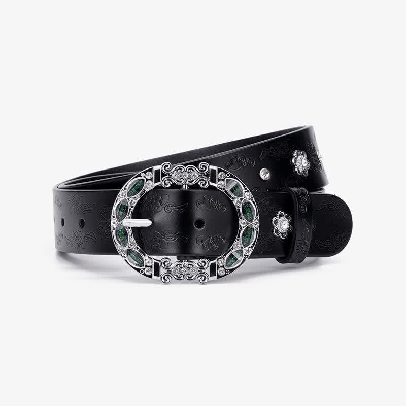 Cinturón de piel con diamantes de imitación en color blanco y verde oscuro con diseño floral para mujer