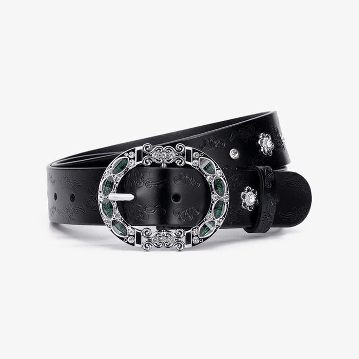 Cinturón de piel con diamantes de imitación en color blanco y verde oscuro con diseño floral para mujer