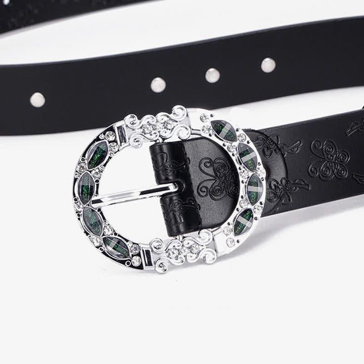 Cinturón de piel con diamantes de imitación en color blanco y verde oscuro con diseño floral para mujer