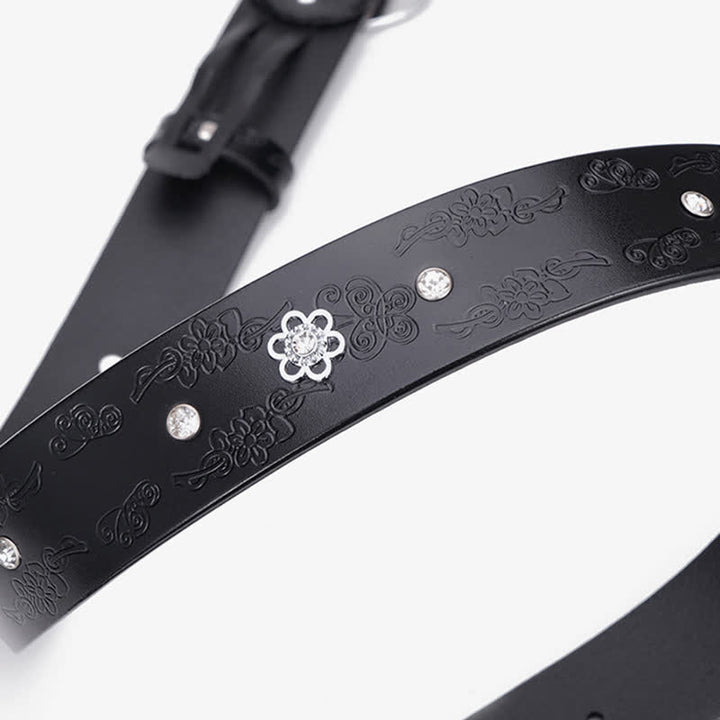 Cinturón de piel con diamantes de imitación en color blanco y verde oscuro con diseño floral para mujer