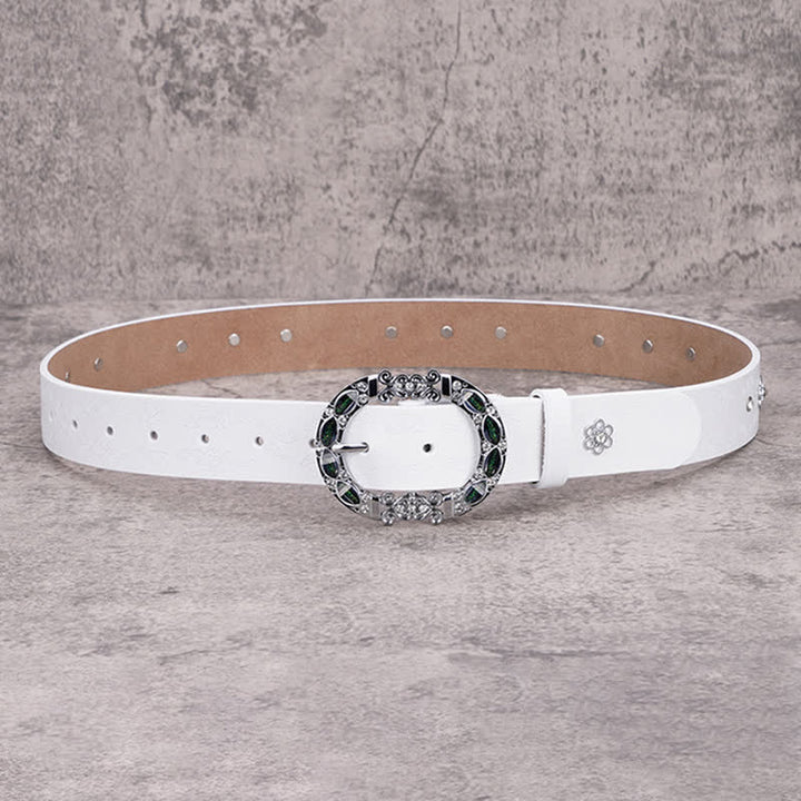 Cinturón de piel con diamantes de imitación en color blanco y verde oscuro con diseño floral para mujer