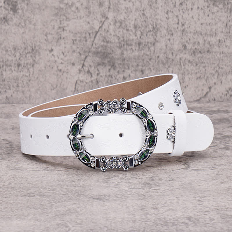 Cinturón de piel con diamantes de imitación en color blanco y verde oscuro con diseño floral para mujer
