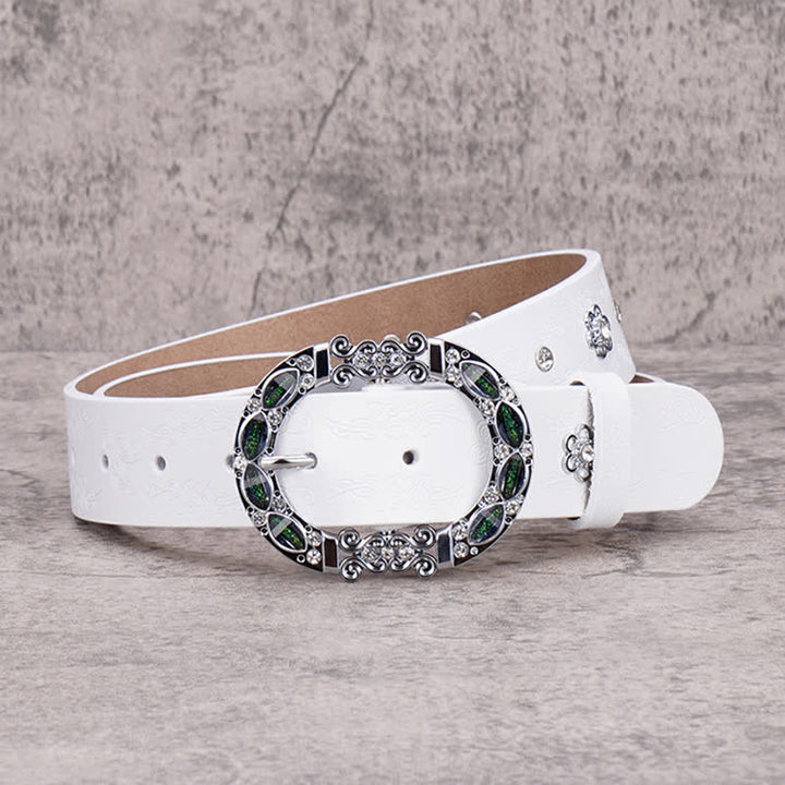 Cinturón de piel con diamantes de imitación en color blanco y verde oscuro con diseño floral para mujer