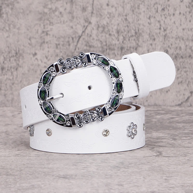 Cinturón de piel con diamantes de imitación en color blanco y verde oscuro con diseño floral para mujer