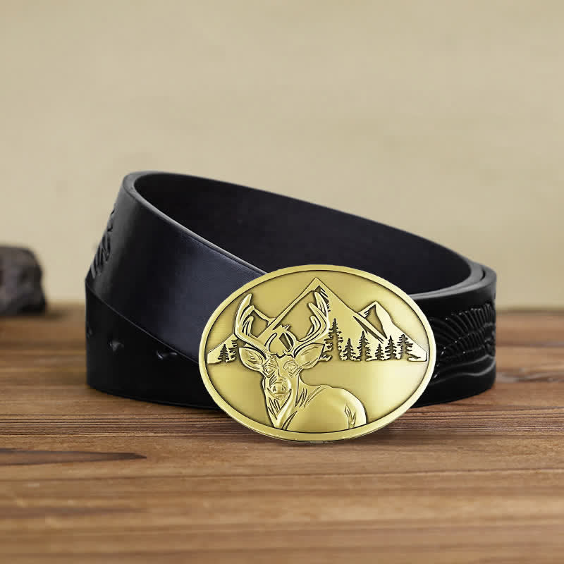 Cinturón de cuero con hebilla para hombre, con diseño creativo de ciervo tallado a mano