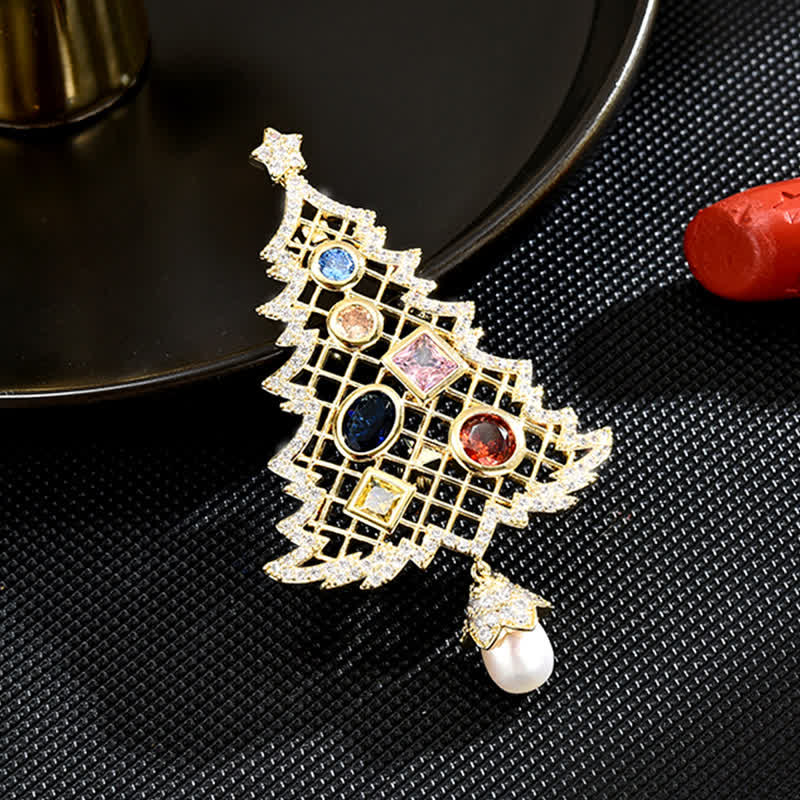 Broche de árbol de Navidad multicolor con circonita cúbica para mujer