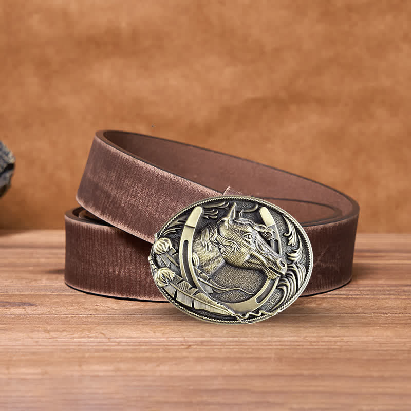 Cinturón de cuero con hebilla de herradura de bronce para hombre hecho a mano