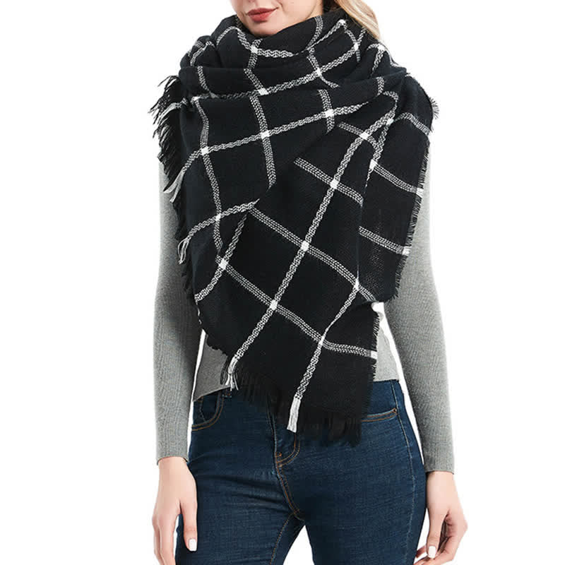 Bufanda unisex de cuadros escoceses con flecos
