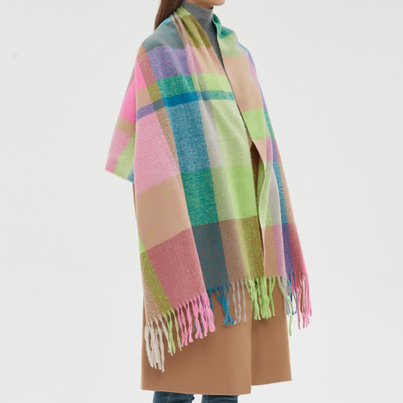 Bufanda unisex de invierno con flecos y cuadros escoceses de arcoíris