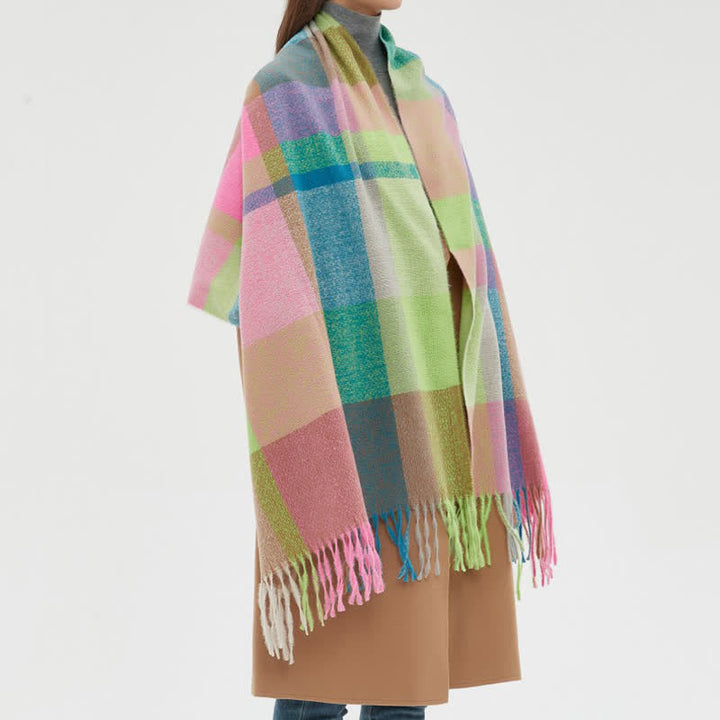 Bufanda unisex de invierno con flecos y cuadros escoceses de arcoíris