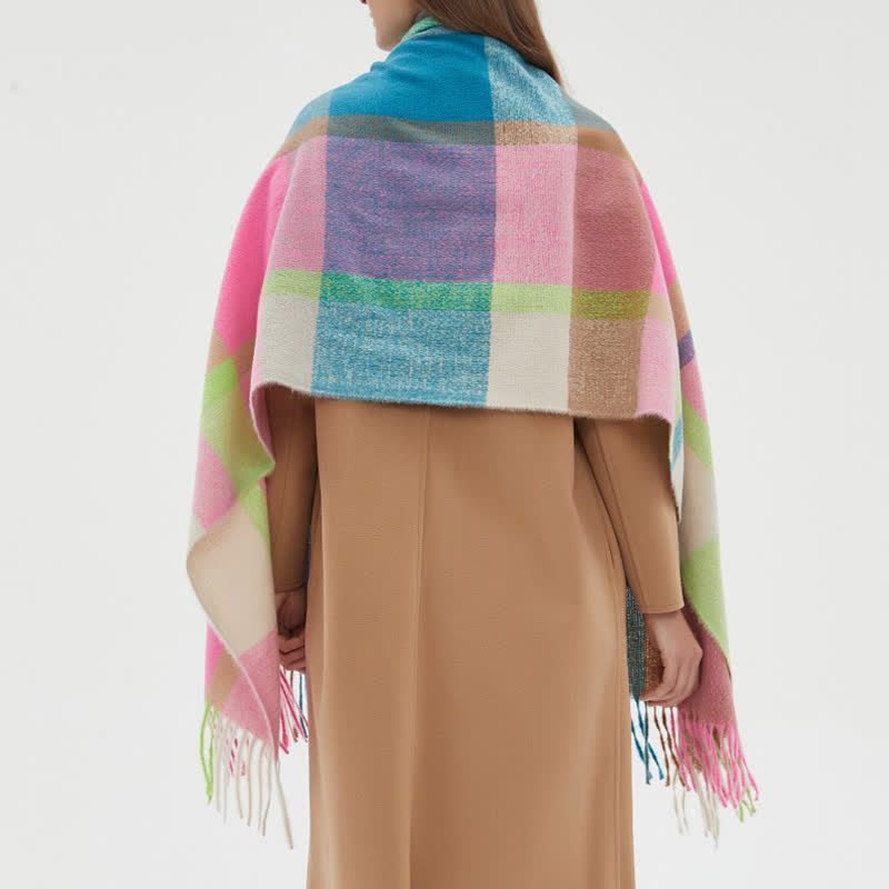 Bufanda unisex de invierno con flecos y cuadros escoceses de arcoíris