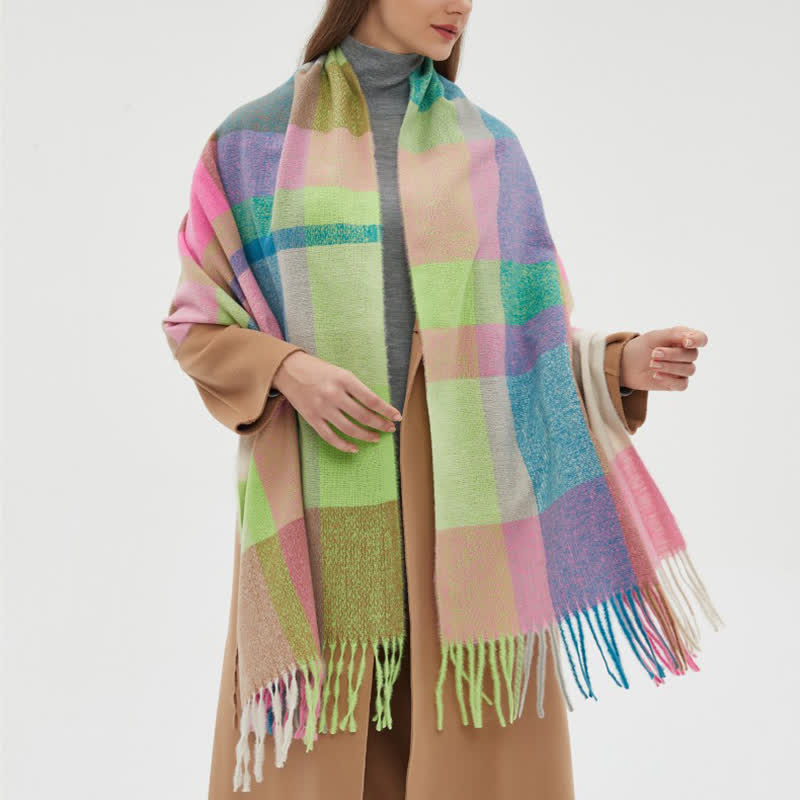 Bufanda unisex de invierno con flecos y cuadros escoceses de arcoíris
