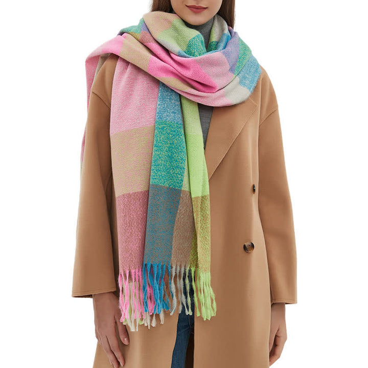 Bufanda unisex de invierno con flecos y cuadros escoceses de arcoíris