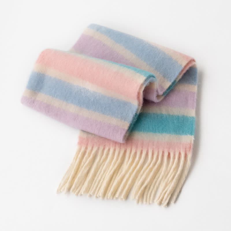 Bufanda unisex de mohair con borlas y colores en contraste del arcoíris