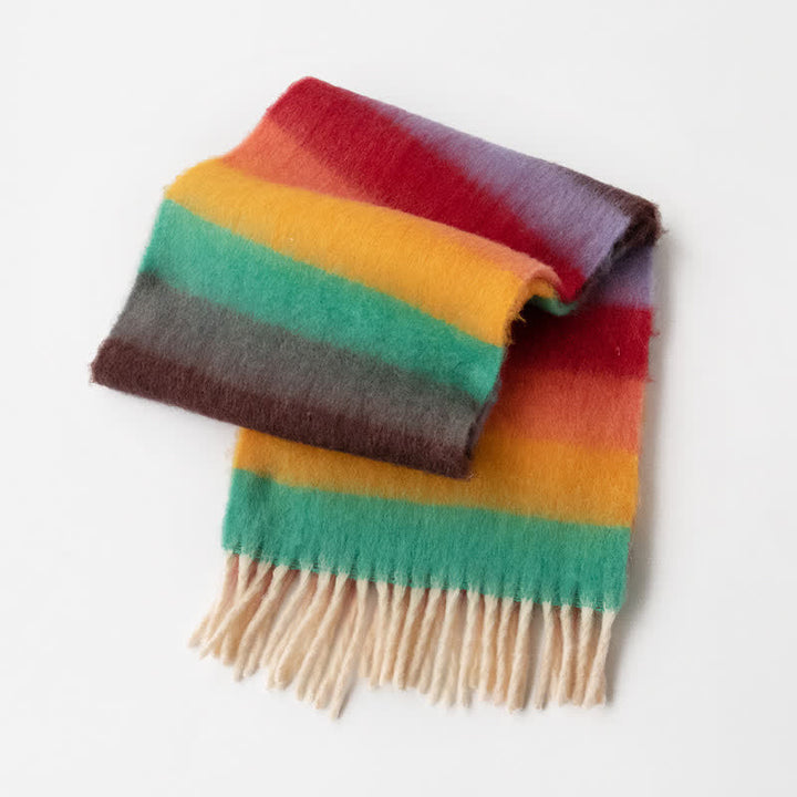 Bufanda unisex de mohair con borlas y colores en contraste del arcoíris