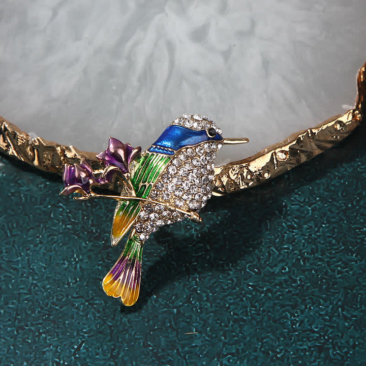 Broche de pájaro rosa esmaltado con forma de urraca y diamantes de imitación para mujer