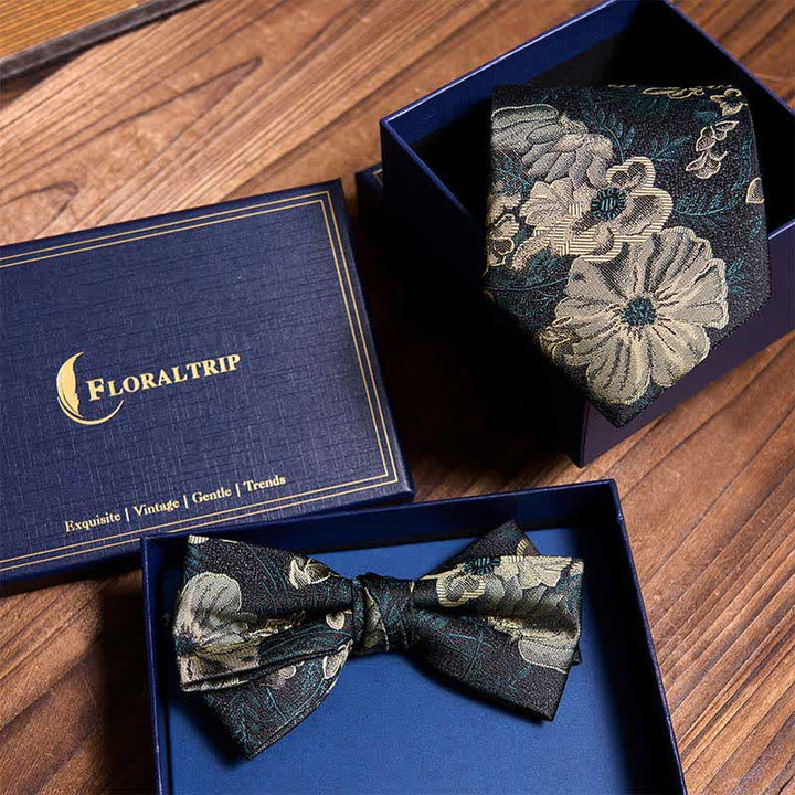 Conjunto de corbata y pajarita con estampado floral verde oscuro