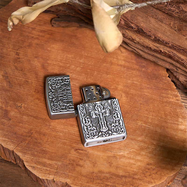 Conjunto de collar y cruz con colgante de toro de cuernos largos y encendedor de la Santa Biblia