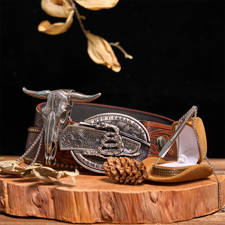Conjunto de collar con colgante de aguja de toro de cuernos largos con hebilla de serpiente y cuchillo oculto DIY