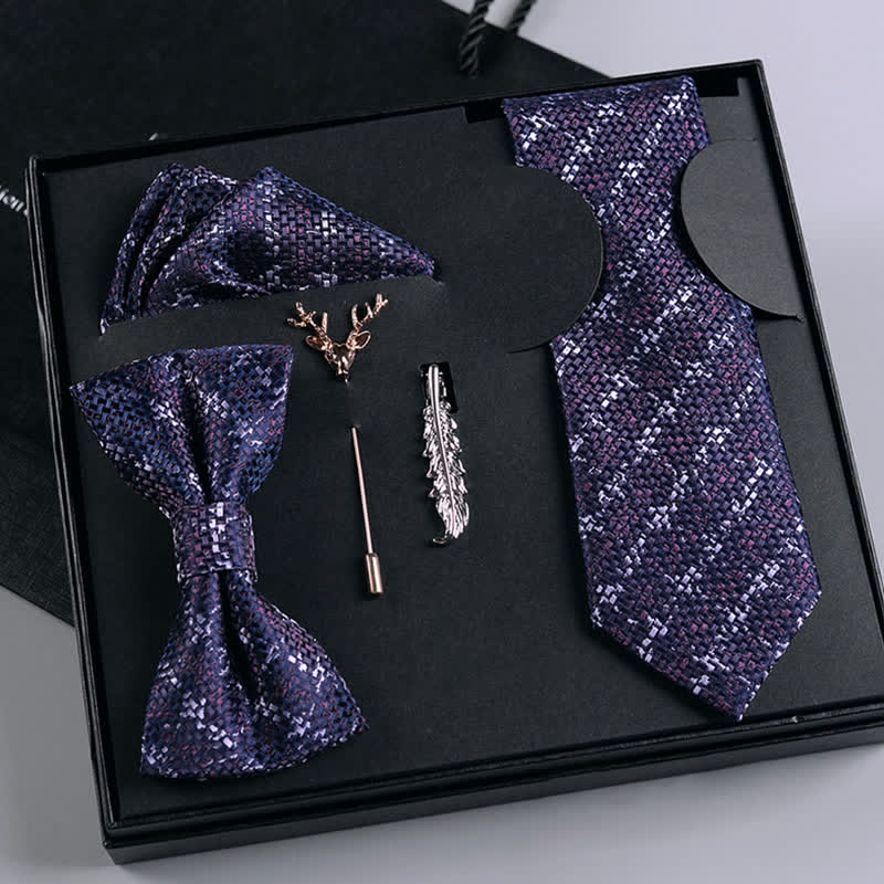 Caja de regalo con 5 pajaritas de cuadros escoceses morados y rojos para hombre