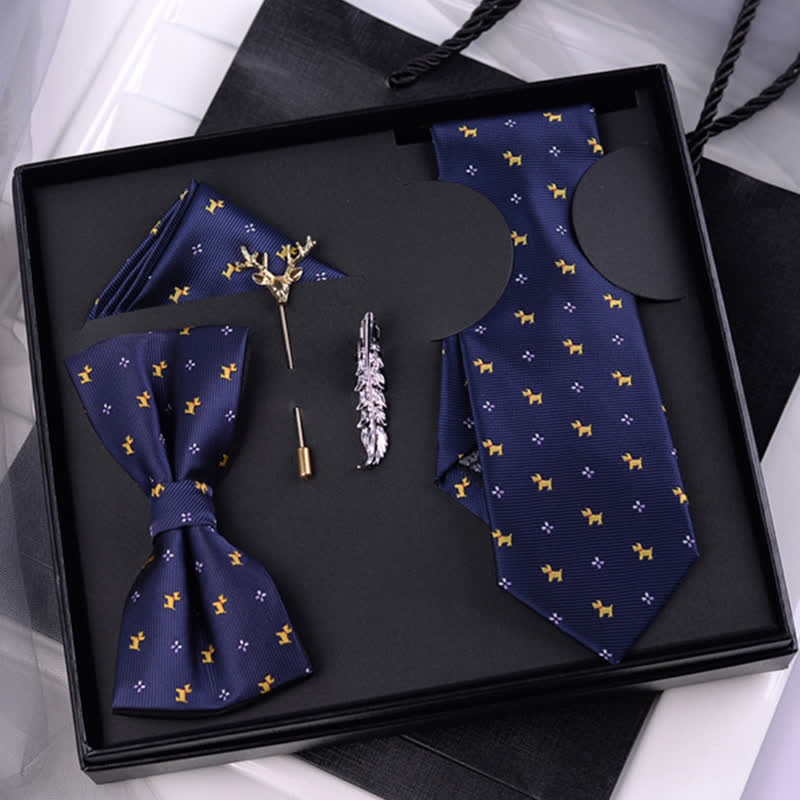 Caja de regalo con 5 pajaritas para hombre con motivos de cachorros en azul marino